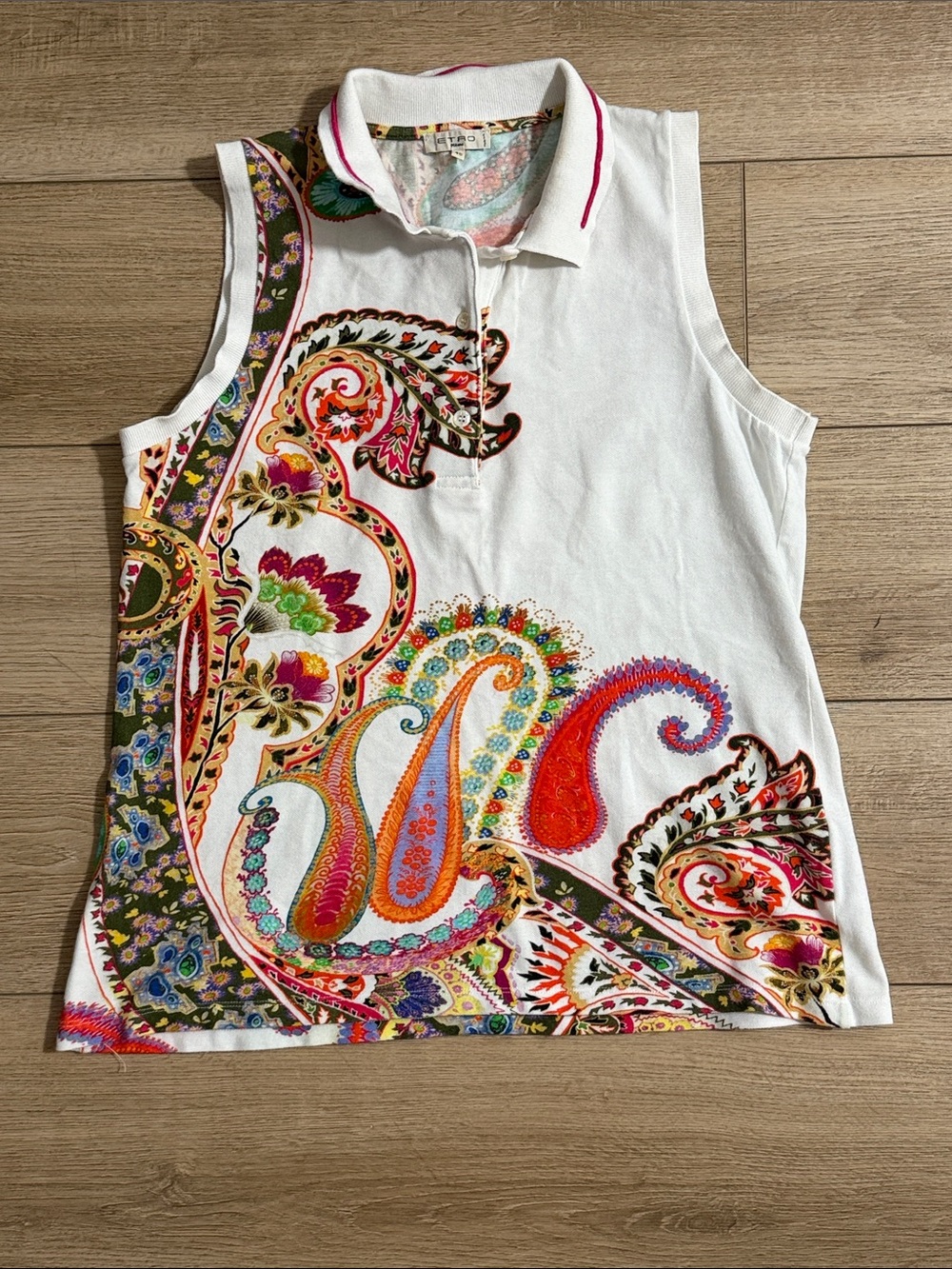 ETRO Via Spartaco 3 Sleeveless White Polo Top with Multicolor Paisley Size 46
